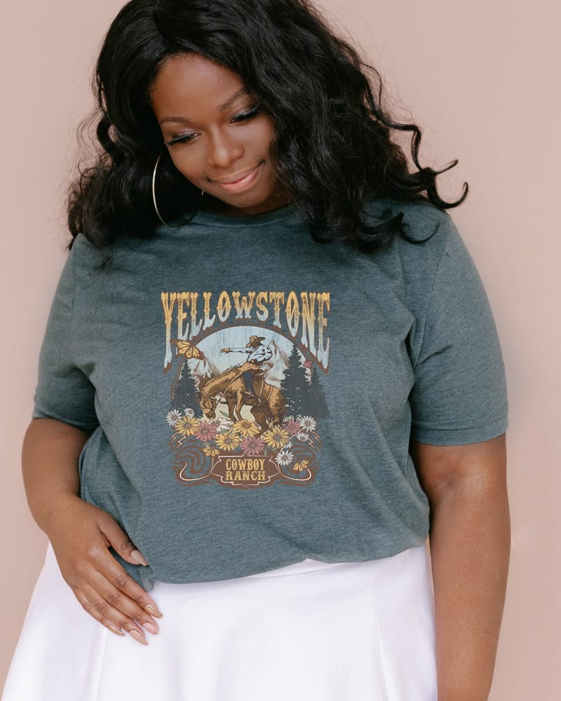 Front of a model wearing a size 2XL Yellowstone Cowboy Ranch in Forest by Simply Sage Market. | dia_product_style_image_id:281473